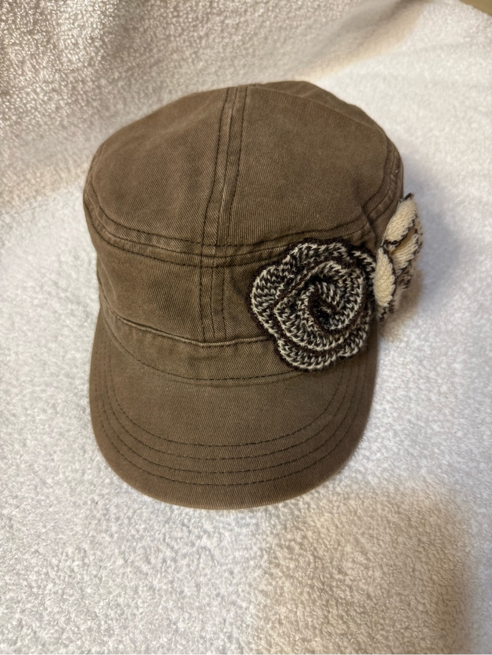 Casual Brown Women's Cadet Cap with Floral Knit Accent